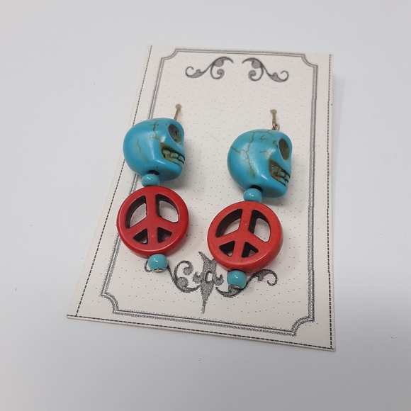 Handmade Peace & Skull Earrings Repurposed Beads - Picture 4 of 8